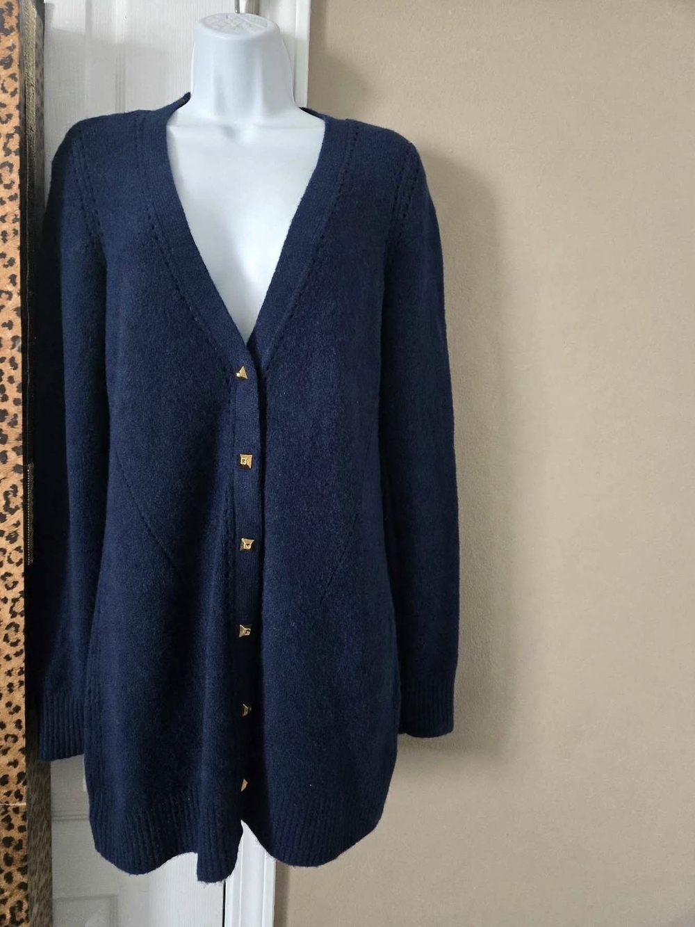 WHBM Navy Studded Long Cardigan S Gold Pyramid Buttons 15.5 P2P 29.5 L